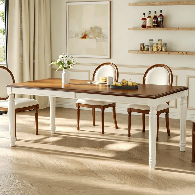 Alt view image 5 of 7 - Rectangular Dining Table with Framed Wood Top and Turned Legs for Dining and Kitchen, Natural, MDF and Solid Wood