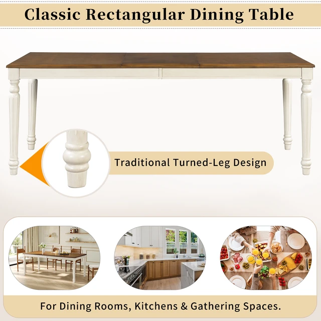 Alt view image 7 of 7 - Rectangular Dining Table with Framed Wood Top and Turned Legs for Dining and Kitchen, Natural, MDF and Solid Wood
