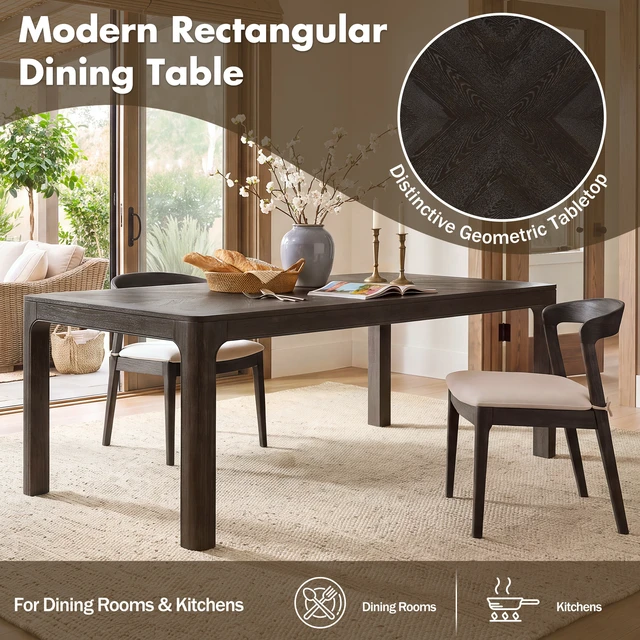 Alt view image 4 of 7 - Rectangular Dining Table with Parquet Top, Rounded Corners Curved Leg Details and Adjustable Feet, Espresso, Solid Wood