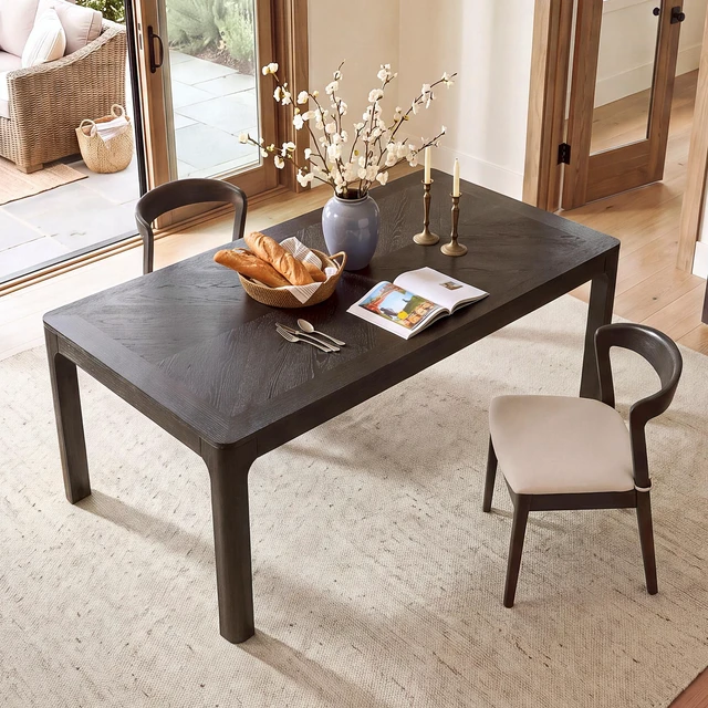 Main image of Rectangular Dining Table with Parquet Top, Rounded Corners Curved Leg Details and Adjustable Feet, Espresso, Solid Wood