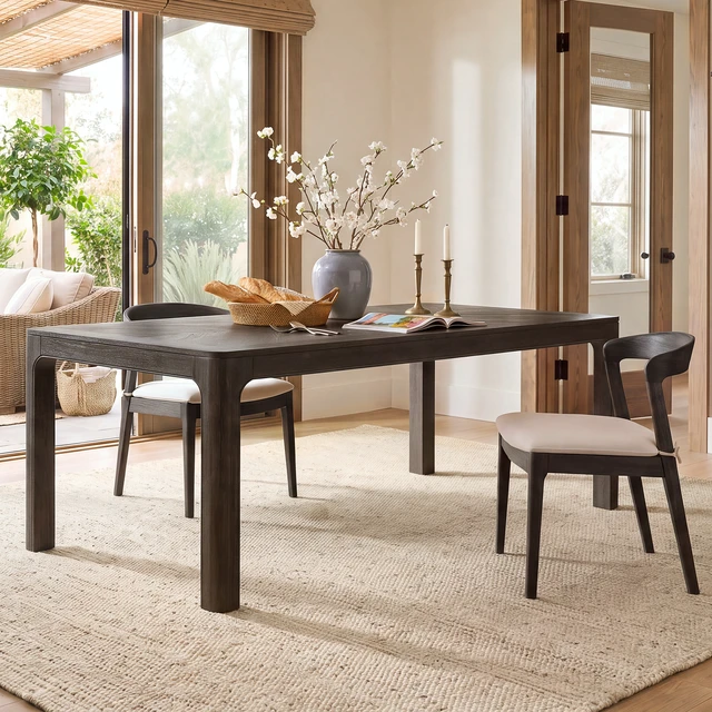 Alt view image 2 of 7 - Rectangular Dining Table with Parquet Top, Rounded Corners Curved Leg Details and Adjustable Feet, Espresso, Solid Wood