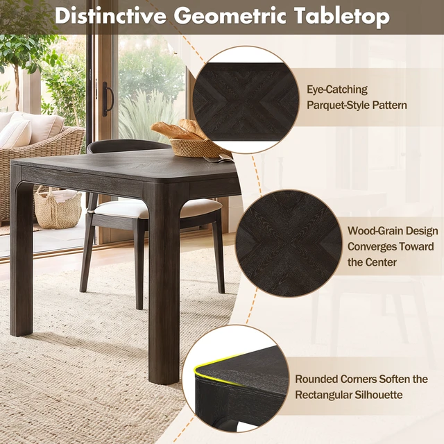 Alt view image 6 of 7 - Rectangular Dining Table with Parquet Top, Rounded Corners Curved Leg Details and Adjustable Feet, Espresso, Solid Wood