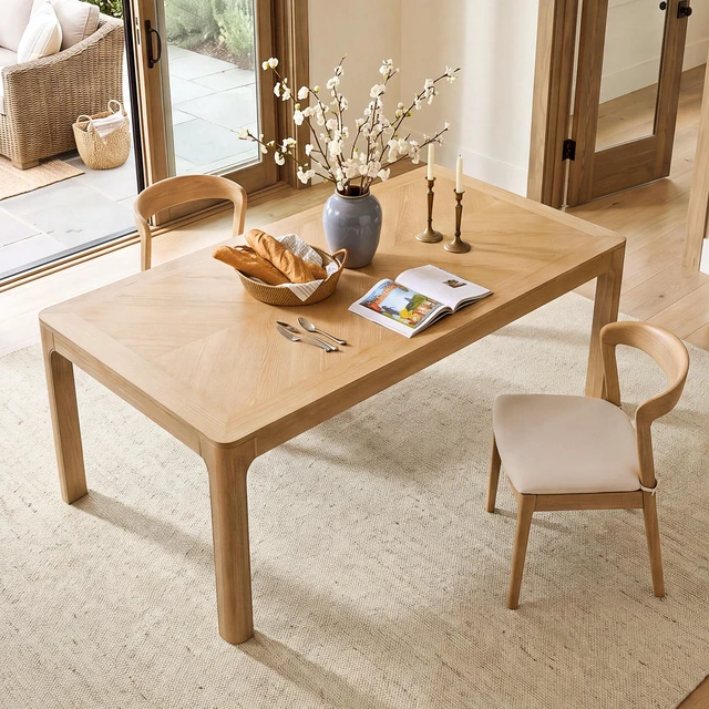 Main image of Rectangular Dining Table with Parquet Top, Rounded Corners Curved Leg Details and Adjustable Feet, Natural, Solid Wood