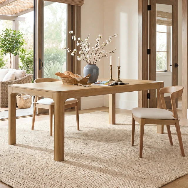 Alt view image 2 of 7 - Rectangular Dining Table with Parquet Top, Rounded Corners Curved Leg Details and Adjustable Feet, Natural, Solid Wood