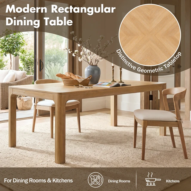 Alt view image 4 of 7 - Rectangular Dining Table with Parquet Top, Rounded Corners Curved Leg Details and Adjustable Feet, Natural, Solid Wood