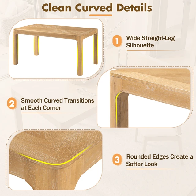 Alt view image 5 of 7 - Rectangular Dining Table with Parquet Top, Rounded Corners Curved Leg Details and Adjustable Feet, Natural, Solid Wood