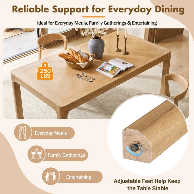 Alt view image 7 of 7 - Rectangular Dining Table with Parquet Top, Rounded Corners Curved Leg Details and Adjustable Feet, Natural, Solid Wood