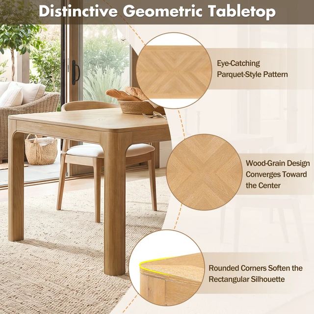 Alt view image 6 of 7 - Rectangular Dining Table with Parquet Top, Rounded Corners Curved Leg Details and Adjustable Feet, Natural, Solid Wood