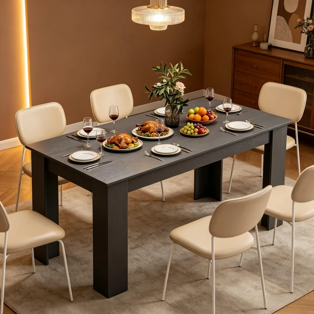 Alt view image 2 of 7 - 63 Inch Rectangular Dining Table for 4 to 6 People, Effect Kitchen Table for Dining and Living, Black, Particle Board