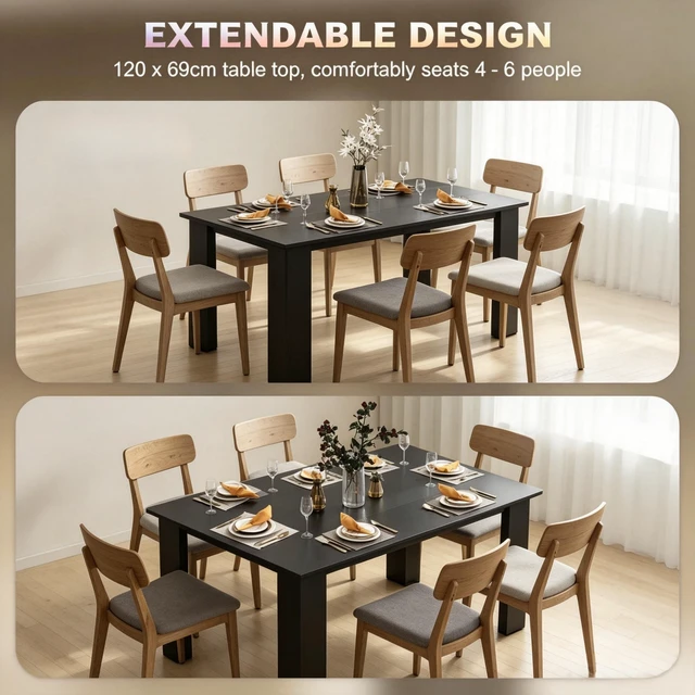 Alt view image 4 of 7 - 63 Inch Rectangular Dining Table for 4 to 6 People, Effect Kitchen Table for Dining and Living, Black, Particle Board