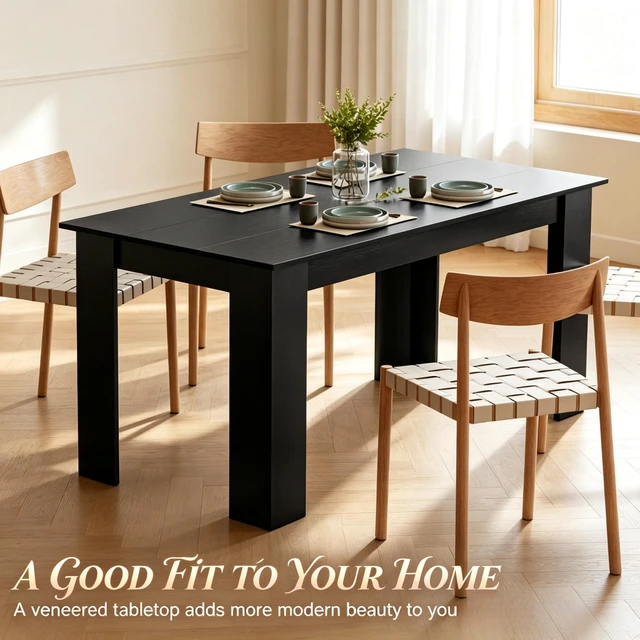 Alt view image 3 of 7 - 63 Inch Rectangular Dining Table for 4 to 6 People, Effect Kitchen Table for Dining and Living, Black, Particle Board