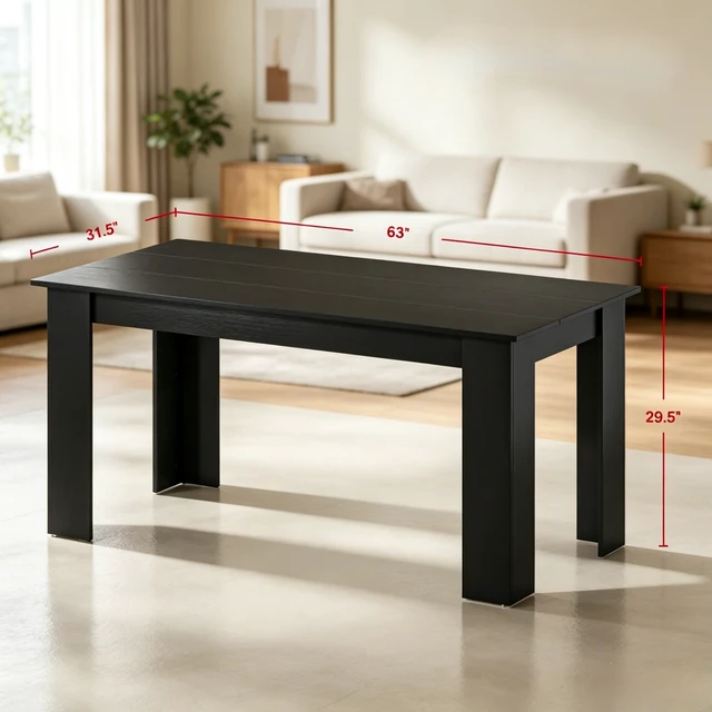 Alt view image 5 of 7 - 63 Inch Rectangular Dining Table for 4 to 6 People, Effect Kitchen Table for Dining and Living, Black, Particle Board