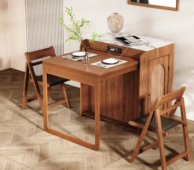 Alt view image 2 of 6 - 73 Inch Freestanding Murphy Dining Table with Sintered Stone Cabinet Top, Walnut, Wood