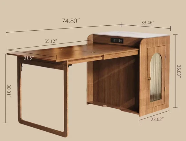 Alt view image 4 of 6 - 73 Inch Freestanding Murphy Dining Table with Sintered Stone Cabinet Top, Walnut, Wood