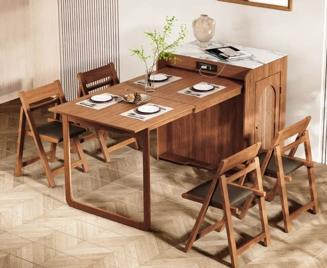 Alt view image 5 of 6 - 73 Inch Freestanding Murphy Dining Table with Sintered Stone Cabinet Top, Walnut, Wood