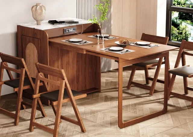 Alt view image 6 of 6 - 73 Inch Freestanding Murphy Dining Table with Sintered Stone Cabinet Top, Walnut, Wood