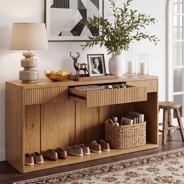 Alt view image 3 of 7 - 63 Inch Fluted Console Table with 3 Drawers, Long Sofa Table Behind Couch for Living, Natural, MDF, Bar