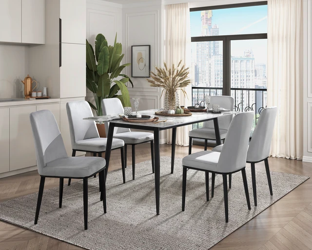 Alt view image 5 of 7 - Sintered Stone Top Dining Table 1 pc Black Metal Legs Dining Furniture, Black White