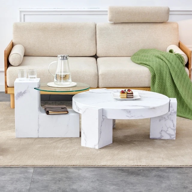 Alt view image 2 of 7 - Fashionable, Textured MDF Coffee Table with Side Table Match with Multiple Scenes Suitable for Living, White, MDF