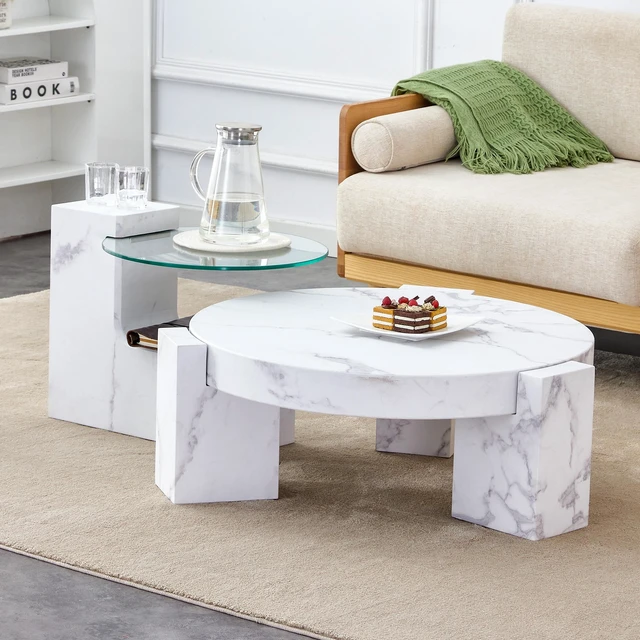 Main image of Fashionable, Textured MDF Coffee Table with Side Table Match with Multiple Scenes Suitable for Living, White, MDF