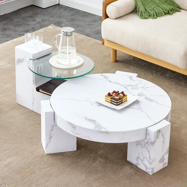 Alt view image 3 of 7 - Fashionable, Textured MDF Coffee Table with Side Table Match with Multiple Scenes Suitable for Living, White, MDF