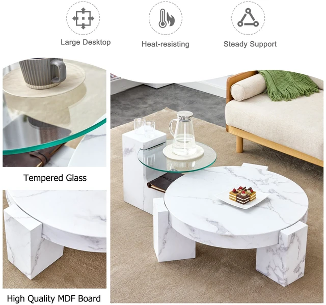 Alt view image 7 of 7 - Fashionable, Textured MDF Coffee Table with Side Table Match with Multiple Scenes Suitable for Living, White, MDF