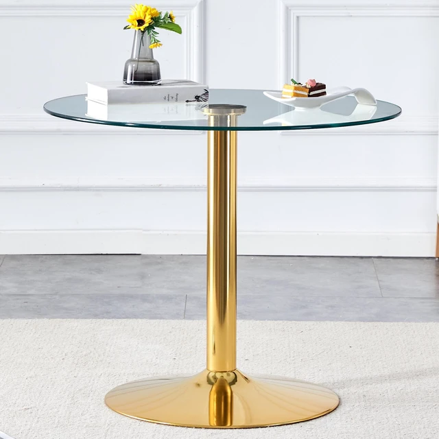 Alt view image 2 of 7 - 35 Inch Diameter Glass Top, Round Dining Table with Gold Metal Legs for Dining Living and Meeting, Gold Transparent