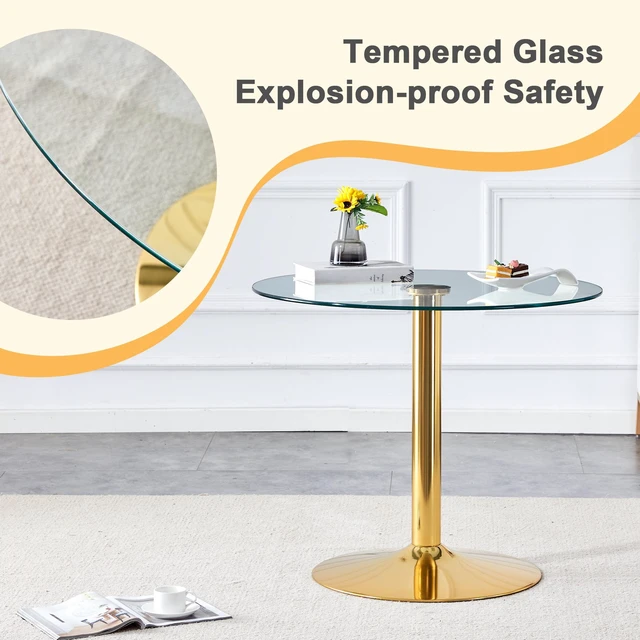 Alt view image 5 of 7 - 35 Inch Diameter Glass Top, Round Dining Table with Gold Metal Legs for Dining Living and Meeting, Gold Transparent
