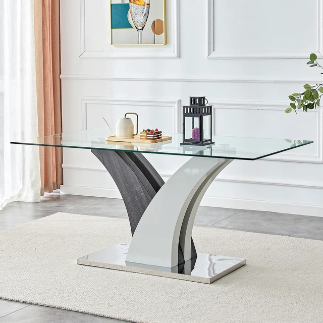 Main image of Dining Table, Tempered Glass Countertop and Artistic MDF Legs Are for Hosting Dinners Conferences and Decorations, Gray