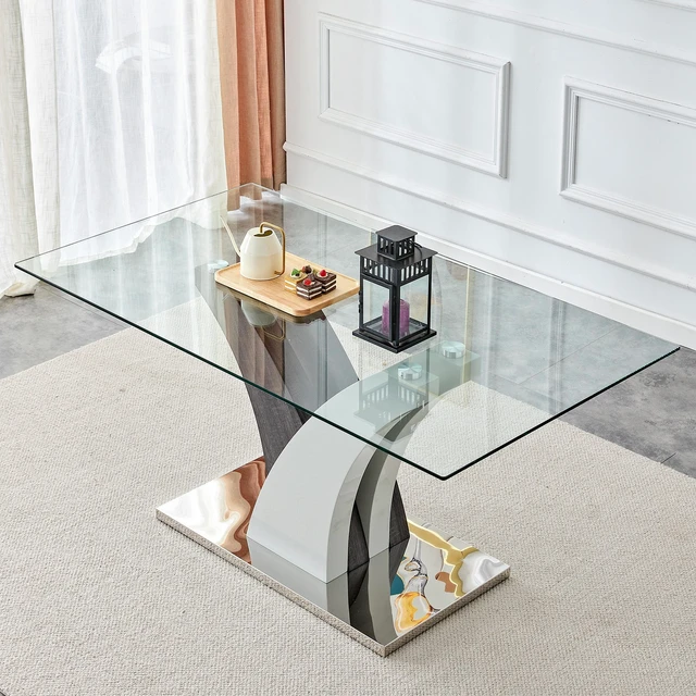 Alt view image 2 of 7 - Dining Table, Tempered Glass Countertop and Artistic MDF Legs Are for Hosting Dinners Conferences and Decorations, Gray