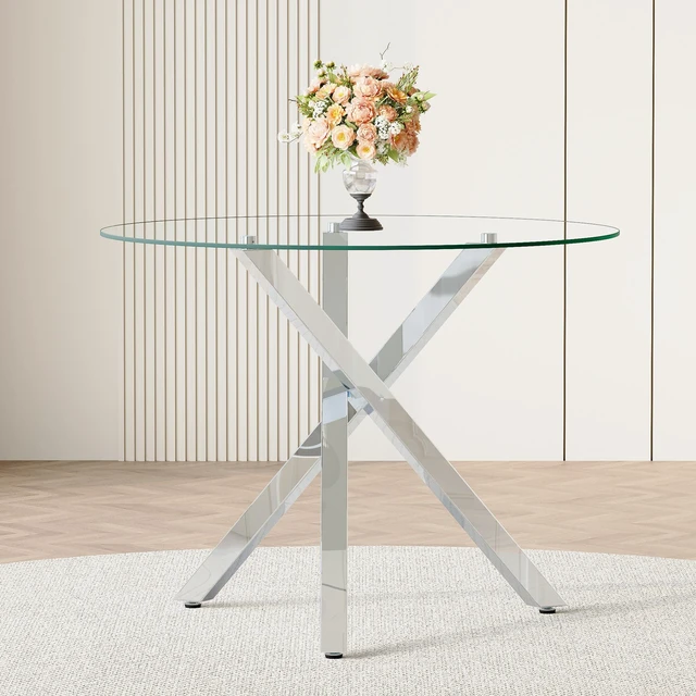 Main image of Round Glass Dining Table Suitable for 2 to 4 People Diameter 39 Inches, Height 30 Inches Shaped Silver Metal Frame