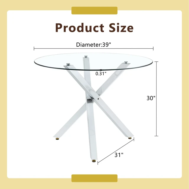 Alt view image 4 of 7 - Round Glass Dining Table Suitable for 2 to 4 People Diameter 39 Inches, Height 30 Inches Shaped Silver Metal Frame