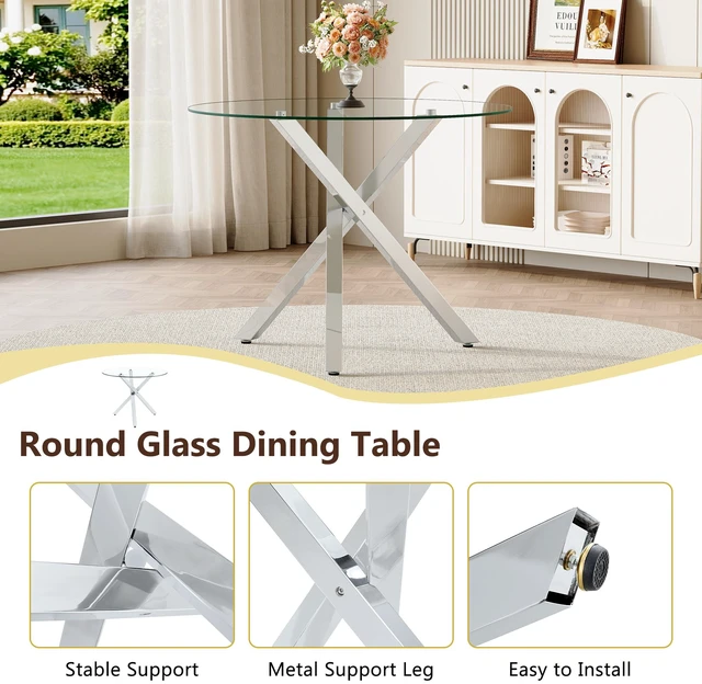 Alt view image 7 of 7 - Round Glass Dining Table Suitable for 2 to 4 People Diameter 39 Inches, Height 30 Inches Shaped Silver Metal Frame