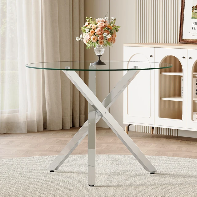 Alt view image 3 of 7 - Round Glass Dining Table Suitable for 2 to 4 People Diameter 39 Inches, Height 30 Inches Shaped Silver Metal Frame