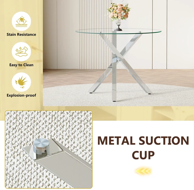 Alt view image 5 of 7 - Round Glass Dining Table Suitable for 2 to 4 People Diameter 39 Inches, Height 30 Inches Shaped Silver Metal Frame
