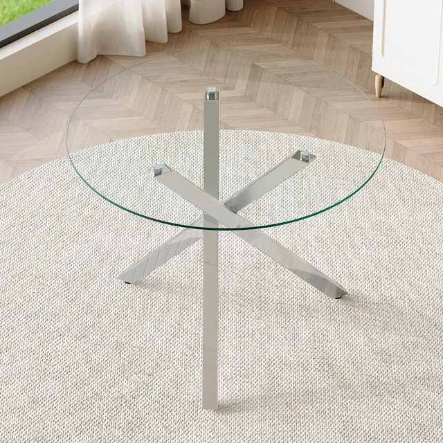 Alt view image 2 of 7 - Round Glass Dining Table Suitable for 2 to 4 People Diameter 39 Inches, Height 30 Inches Shaped Silver Metal Frame
