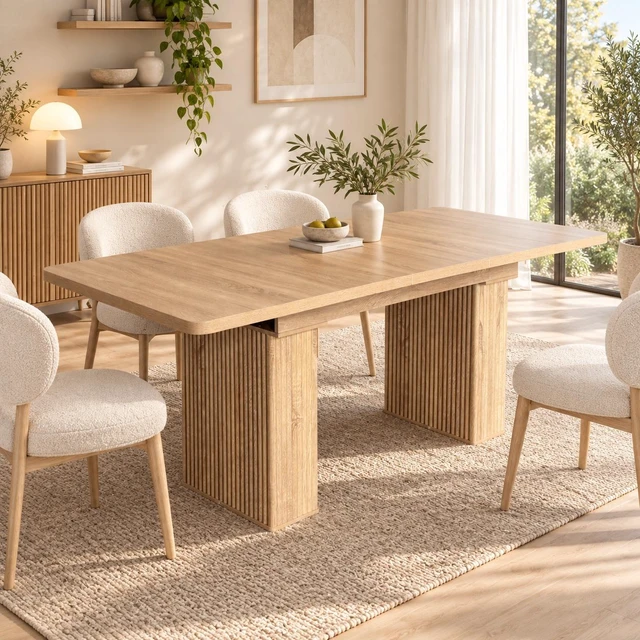 Alt view image 3 of 7 - Extendable Dining Table for 4, Oak Grain Kitchen and Dining Table with Removable Extension Leaf Wave Fluted Pedestal