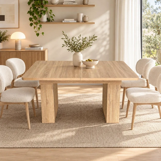Alt view image 4 of 7 - Extendable Dining Table for 4, Oak Grain Kitchen and Dining Table with Removable Extension Leaf Wave Fluted Pedestal