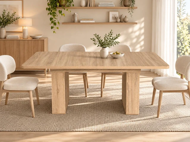 Alt view image 5 of 7 - Extendable Dining Table for 4, Oak Grain Kitchen and Dining Table with Removable Extension Leaf Wave Fluted Pedestal