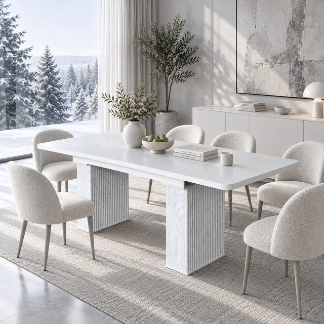 Main image of Extendable Dining Table for 4, Wood Grain Kitchen and Dining Table with Removable Extension Leaf Wave Fluted Pedestal