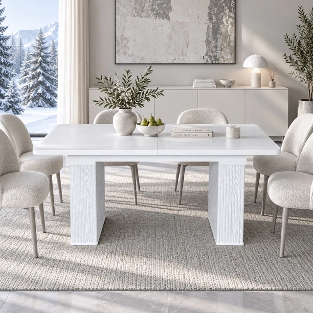 Alt view image 3 of 7 - Extendable Dining Table for 4, Wood Grain Kitchen and Dining Table with Removable Extension Leaf Wave Fluted Pedestal