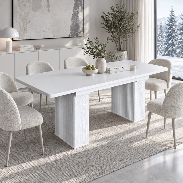 Alt view image 4 of 7 - Extendable Dining Table for 4, Wood Grain Kitchen and Dining Table with Removable Extension Leaf Wave Fluted Pedestal