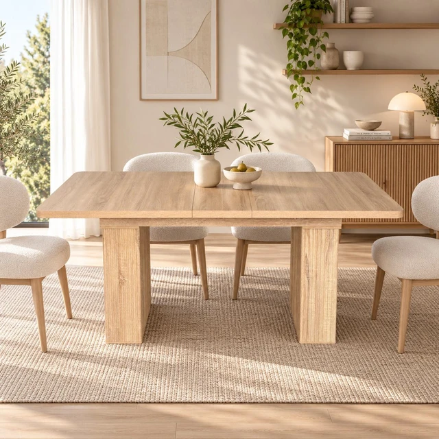 Alt view image 6 of 7 - Extendable Dining Table for 4, Oak Grain Kitchen and Dining Table with Removable Extension Leaf Wave Fluted Pedestal