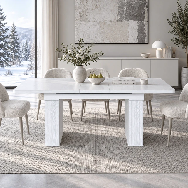 Alt view image 2 of 7 - Extendable Dining Table for 4, Wood Grain Kitchen and Dining Table with Removable Extension Leaf Wave Fluted Pedestal