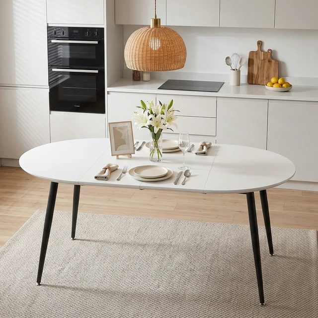 Alt view image 6 of 7 - Pull Table Dining Chair Set, Medium Density Fiberboard Tabletop with Black Metal Table Legs Extendable Pull Mid-Century