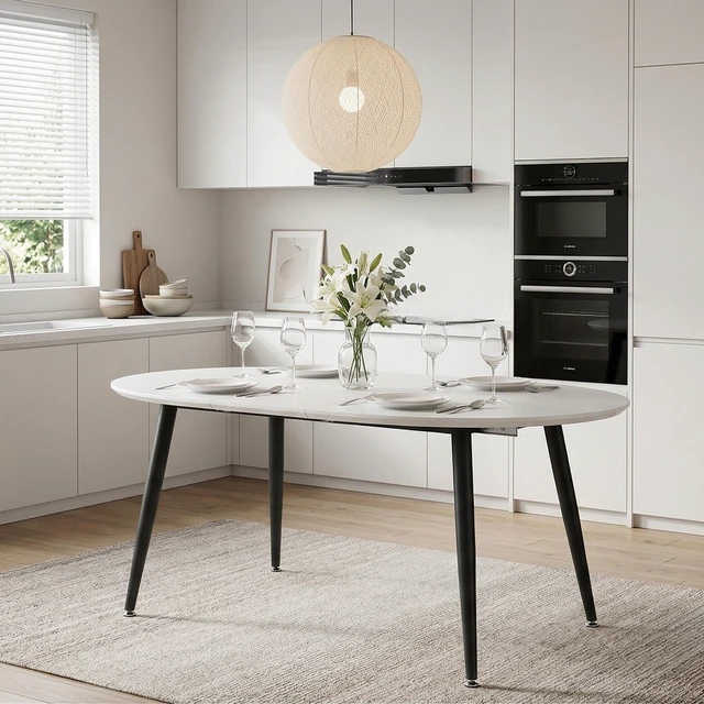 Alt view image 2 of 7 - Pull Table Dining Chair Set, Medium Density Fiberboard Tabletop with Black Metal Table Legs Extendable Pull Mid-Century