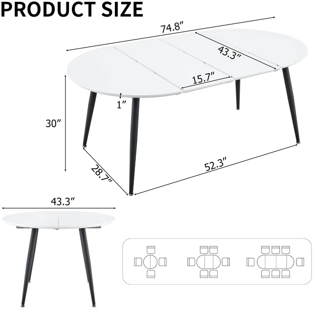 Alt view image 5 of 7 - Pull Table Dining Chair Set, Medium Density Fiberboard Tabletop with Black Metal Table Legs Extendable Pull Mid-Century