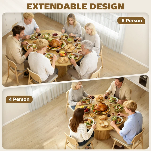 Alt view image 6 of 7 - Inchto 59 Inch Extendable Round Dining Table for 4, Transformer Dining Table with Removable Leaves Circle Kitchen