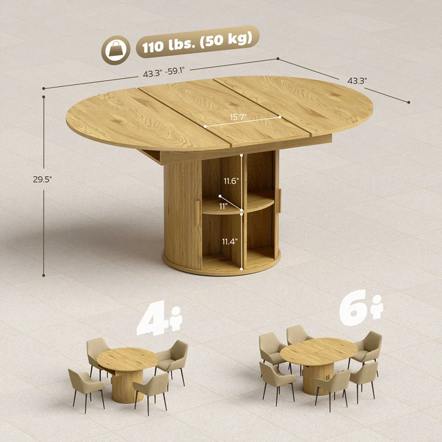 Alt view image 7 of 7 - Inchto 59 Inch Extendable Round Dining Table for 4, Transformer Dining Table with Removable Leaves Circle Kitchen