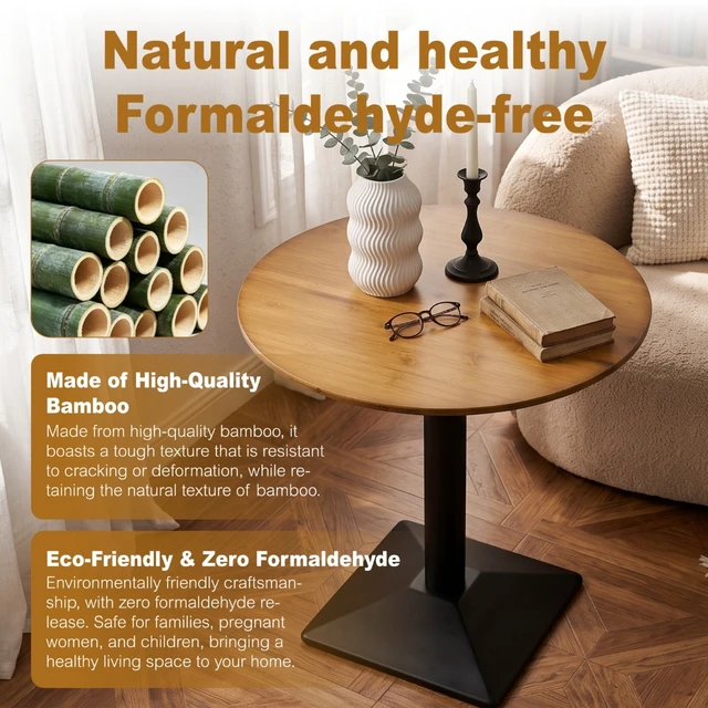 Alt view image 4 of 7 - Round Bamboo Dining Table 26.4 Inch, Small Dining Table for Round Black Metal Pedestal Compact Bistro for Living